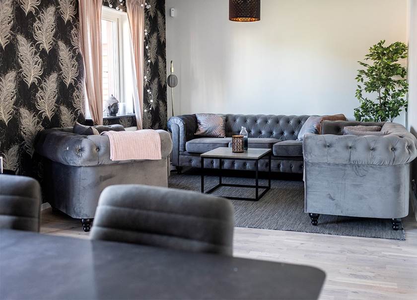 Lounge with grey sofas