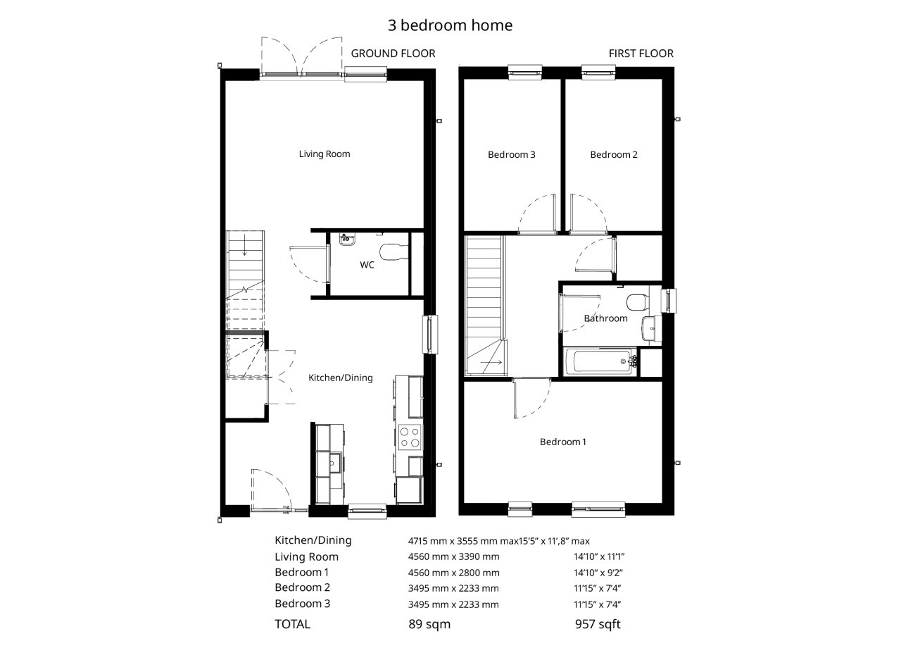 floor plan of a BoKlok 3 bed house